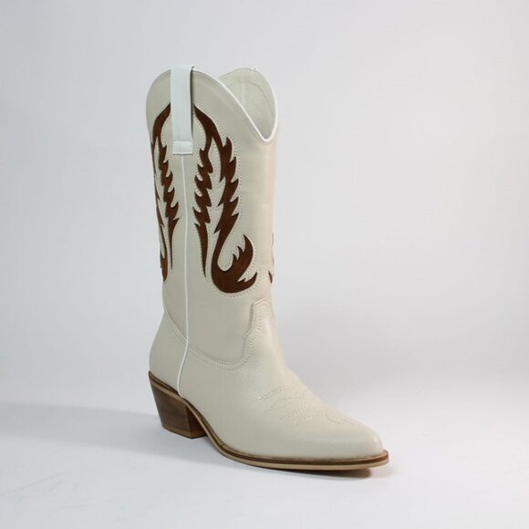 Diona J Shoes - Arider Girl Women Block Heel Western Cowboy Boots  Flame Beige